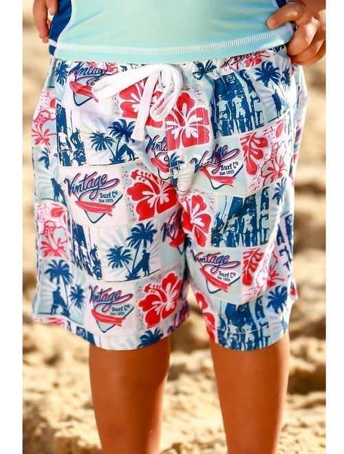 Sun Emporium Little Boys Red Blue Vintage Surfer Print Board Shorts