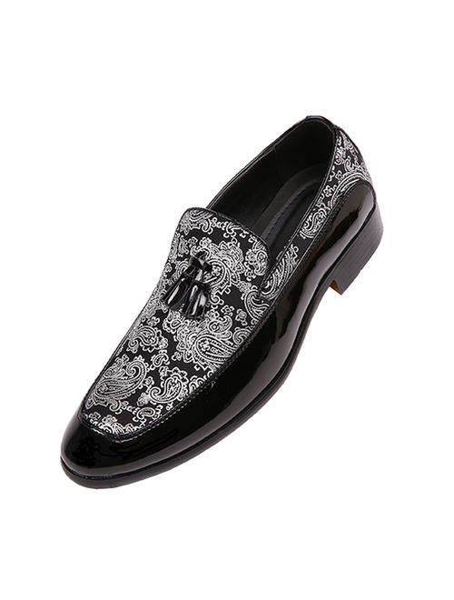 Bolano Mens Paisley and Patent Tuxedo Slipper Dress Shoe with Tassel, Comfortable Slip On Design