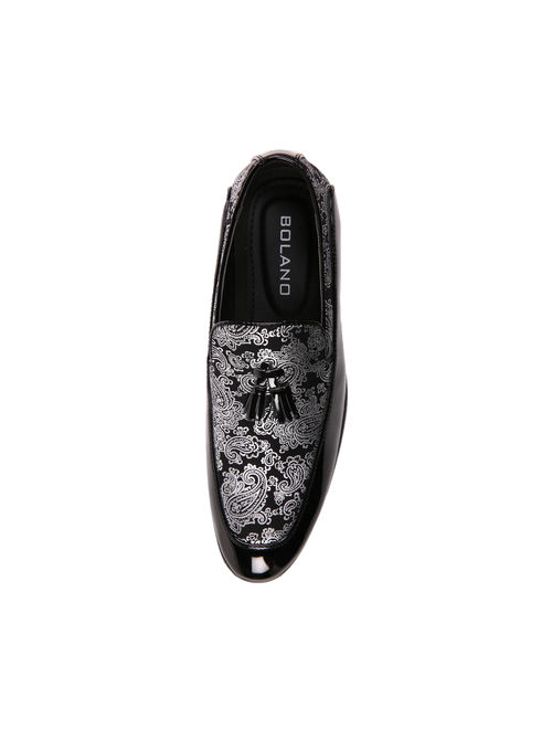 Bolano Mens Paisley and Patent Tuxedo Slipper Dress Shoe with Tassel, Comfortable Slip On Design