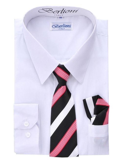 Berlioni Kids Boys Long Sleeve Dress Shirt With Tie and Hanky White