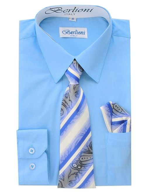 Berlioni Kids Boys Long Sleeve Dress Shirt With Tie and Hanky Light Blue