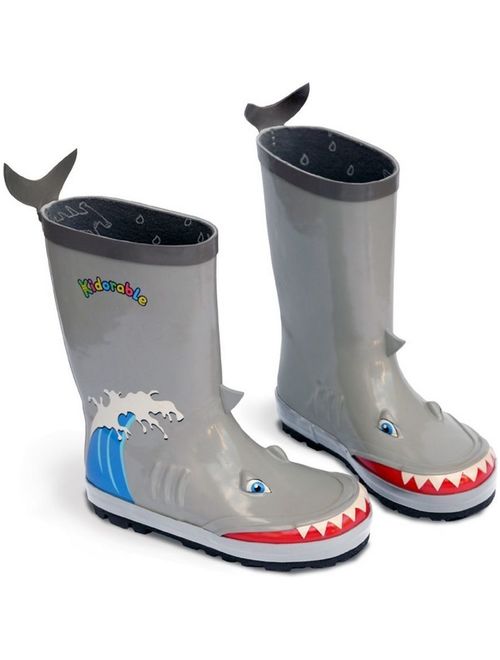 Kidorable Boys Grey Shark Wave Print Lined Rubber Rain Boots 11-2 Kids