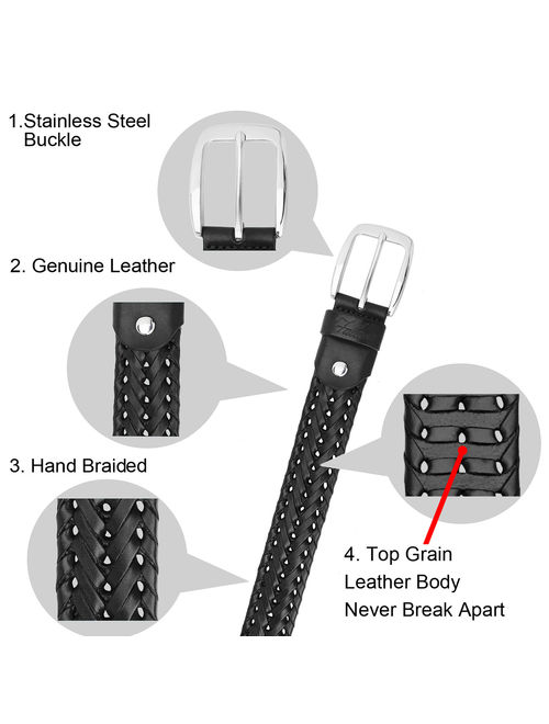 Falari Men Leather Hand Braided Belt Stainless Steel Buckle Casual Dress Belt