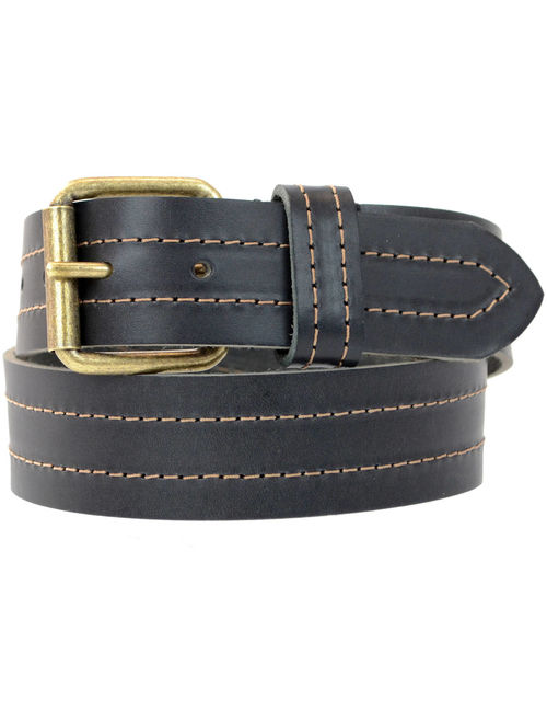 1-1/2 in. US Steer Hide Leather Double Stitch Men's Belt with Antique Brass Finish Roller Buckle