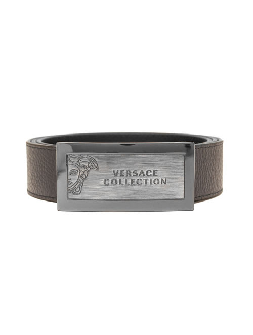 Versace Collection Men's Medusa Stainless Steel Buckle Pebble Leather Belt Brown