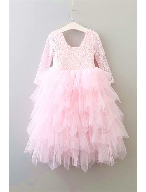 2Bunnies Girl Beaded Peony Lace Back A-Line Tiered Tutu Tulle Flower Girl Dress (All Pink Maxi, 24M/2T)
