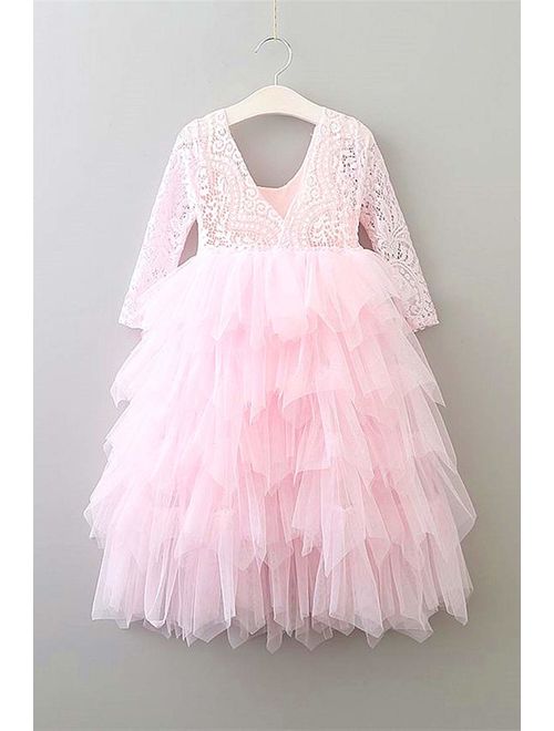 2Bunnies Girl Beaded Peony Lace Back A-Line Tiered Tutu Tulle Flower Girl Dress (All Pink Maxi, 24M/2T)