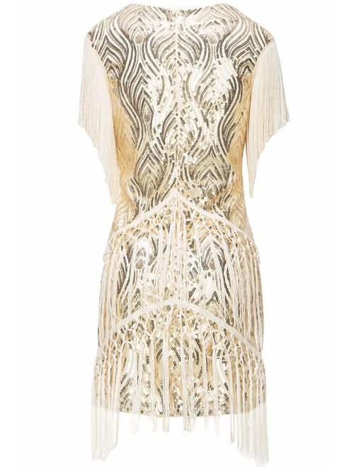 BABEYOND 1920s Flapper Dress Long Fringed Gatsby Dress Roaring 20s Sequins Beaded Embellished Dress Vintage Art Deco Dress