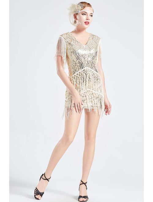 BABEYOND 1920s Flapper Dress Long Fringed Gatsby Dress Roaring 20s Sequins Beaded Embellished Dress Vintage Art Deco Dress