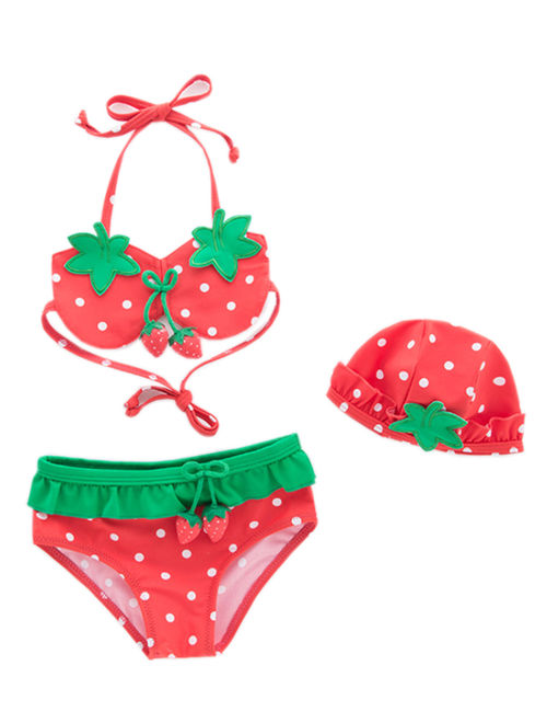StylesILove Toddler Girls Cute Strawberry Bikini Sets with Hat 3 pcs Swimsuit (Strawberry, 6)