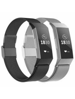 POY Metal Replacement Bands For Fitbit Charge 3 and Charge 3 SE Fitness Activity Tracker, Milanese Loop Stainless Steel Bracelet Strap with Unique Magnet Lock for Women M