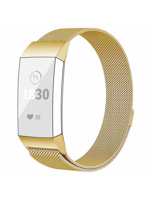 POY Metal Replacement Bands For Fitbit Charge 3 and Charge 3 SE Fitness Activity Tracker, Milanese Loop Stainless Steel Bracelet Strap with Unique Magnet Lock for Women M