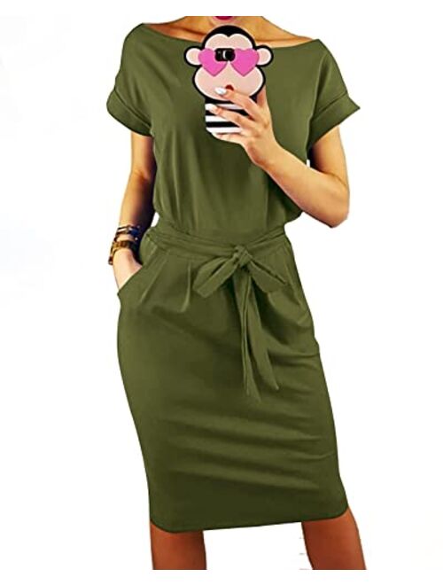 PRETTYGARDEN Women's 2019 Casual Short Sleeve Party Bodycon Sheath Belted Dress with Pockets