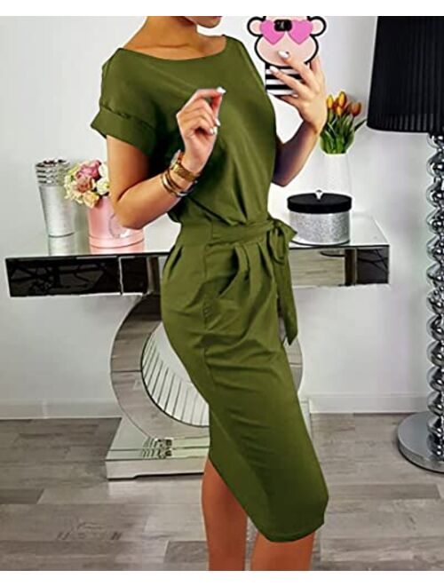 PRETTYGARDEN Women's 2019 Casual Short Sleeve Party Bodycon Sheath Belted Dress with Pockets