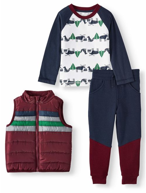 Wonder Nation Stripe Puffer Vest, Long Sleeve Graphic T-shirt & Drawstring Joggers, 3pc Outfit Set (Toddler Boys)