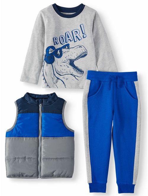 Wonder Nation Puffer Vest, Long Sleeve Graphic T-shirt & Drawstring Joggers, 3pc Outfit Set (Toddler Boys)