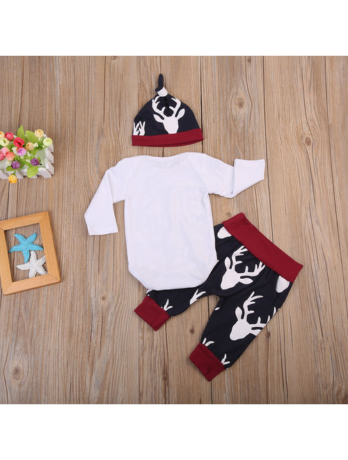 Little Brother 3Pcs Newborn Baby Boys Long Sleeve Tops Romper + Deer Pants + Hat Outfits Set Clothes