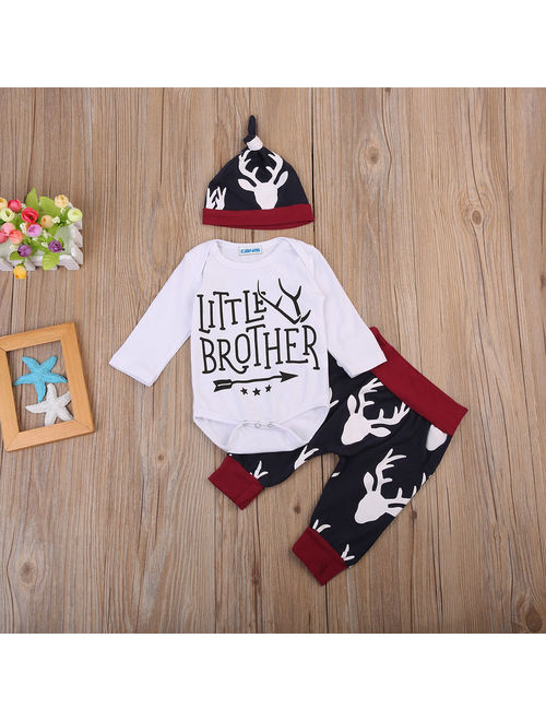 Little Brother 3Pcs Newborn Baby Boys Long Sleeve Tops Romper + Deer Pants + Hat Outfits Set Clothes