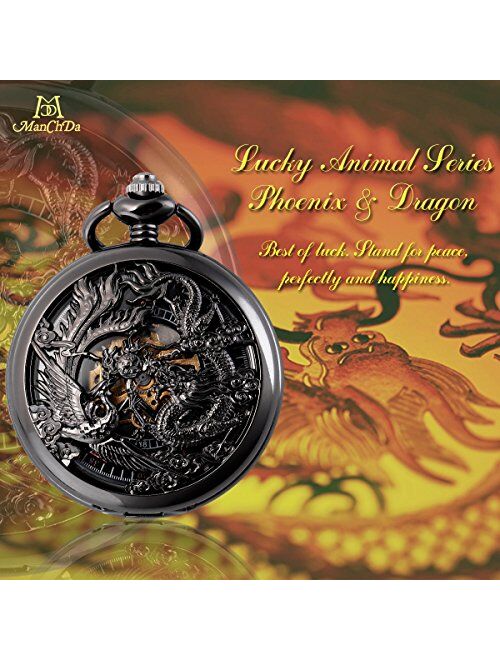 ManChDa Mens Antique Mechanical Pocket Watch Lucky Dragon & Phoenix Retro Skeleton Dial with Chain + Gift Box