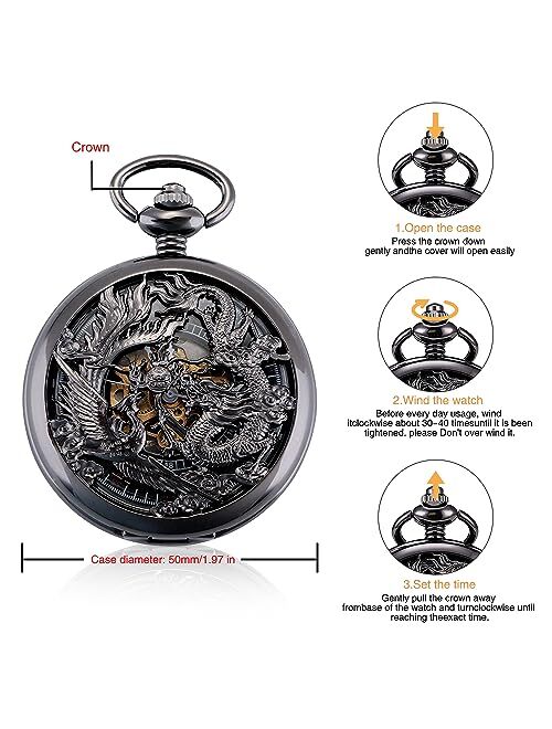 ManChDa Mens Antique Mechanical Pocket Watch Lucky Dragon & Phoenix Retro Skeleton Dial with Chain + Gift Box