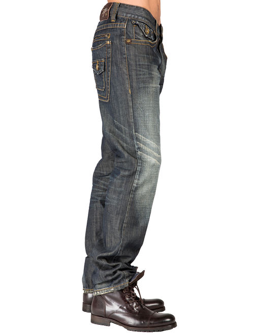 level 7 men's relaxed fit blue base jean with overspray coating