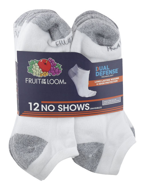 Fruit of the Loom Dual Defense Men's No Show Socks, 12 Pack, 6-12, White/Gray