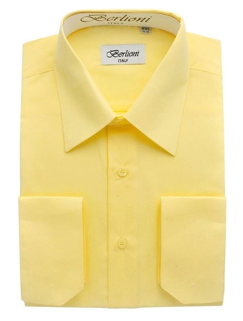 Berlioni Italy Men's Convertible Cuff Solid Long Sleeve Dress Shirt Lemon