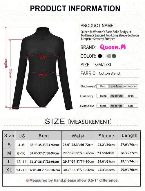Queen.M Women's Basic Solid Bodysuit Turtleneck Leotard Top Long Sleeve Bodycon Jumpsuit Stretchy Romper