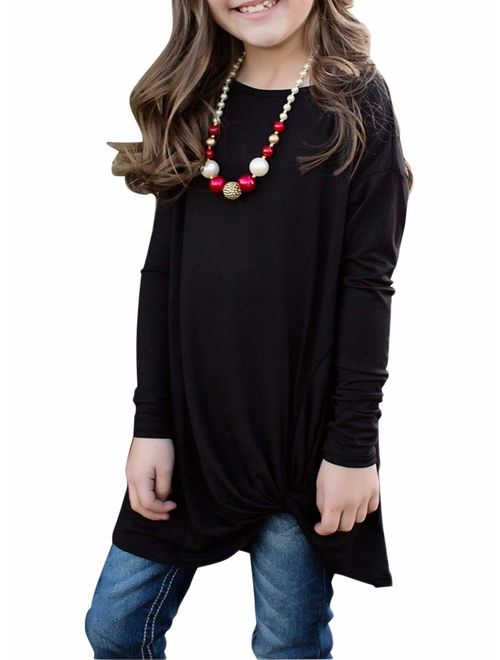 GOSOPIN Girls Casual Long Sleeve Knot Front T-Shirts Loose Tunic Tops 4-13Y