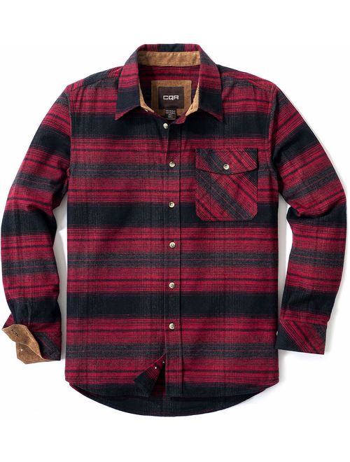 CQR Men's Flannel Long Sleeved Button-Up Plaid All-Cotton Brushed Shirt