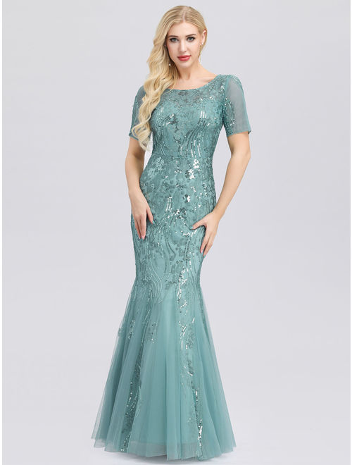 Ever-Pretty Womens Elegant Short Sleeve Mermaid Evening Prom Dresses for Women 07705 Dusty Blue US4