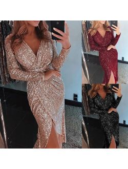 Women Sexy Sequin V Neck Wrap Long Dress Ladies Bodycon Evening Cocktail Party Dress