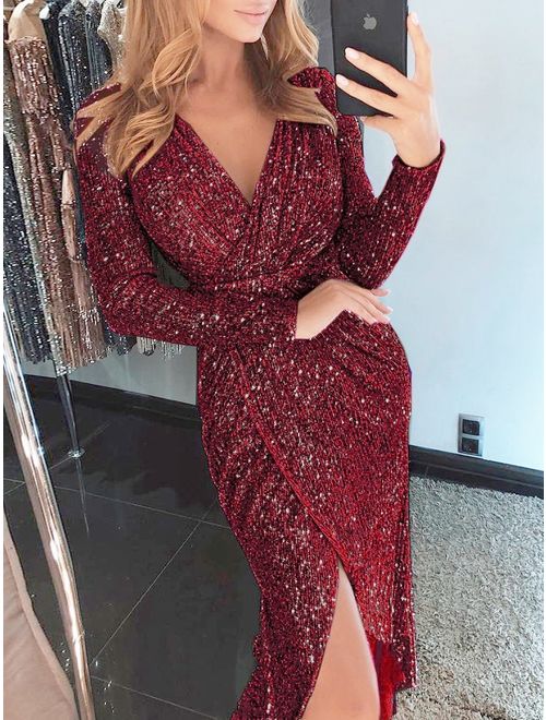 Women Sexy Sequin V Neck Wrap Long Dress Ladies Bodycon Evening Cocktail Party Dress