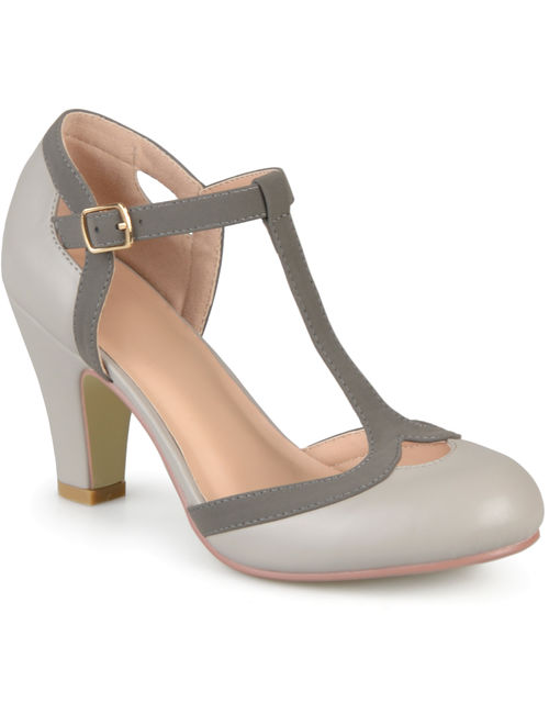 Brinley Co. Women's Medium and Wide Width Cut Out Round Toe T-strap Two-tone Matte Mary Jane Pumps