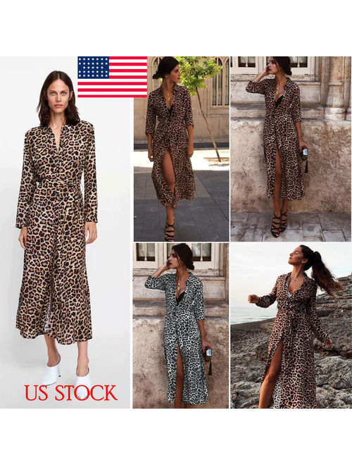 Meihuida Women's Fashion Long Sleeve Leopard Print Clubwear Cocktail Midi Dress