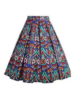 Dressever Women's Vintage A-line Printed Pleated Flared Midi Skirts