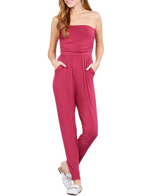 Made by Olivia Women's Strapless Tube Top Front Slanted Pocket Jumpsuit Brick M