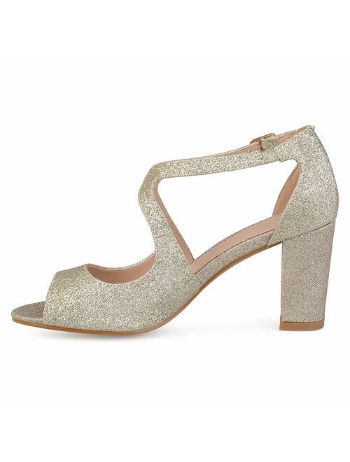 Brinley Co. Brinley Co Womens Ayvie Glitter Intersecting Straps Block Heel, Gold, Size 6.0