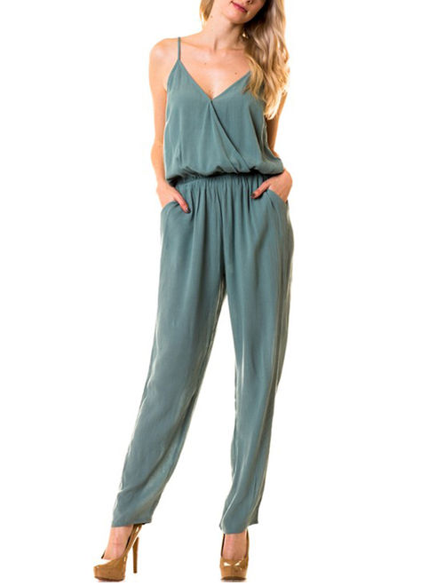 KOGMO Womens Casual Adjustable Spaghetti Strap Front Wrapped Jumpsuit Overalls