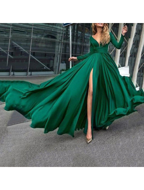 Women V Neck Long Sleeve Maxi Dress Split Evening Cocktail Party Dresses Green Size M