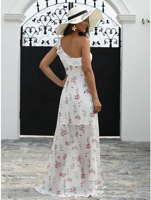 Ever-Pretty Womens Elegant Long Maxi One Shoulder Floral High Low Summer Beach Wedding Guest Bridesmaid Dresses with Slit for Women 07240 White US 4