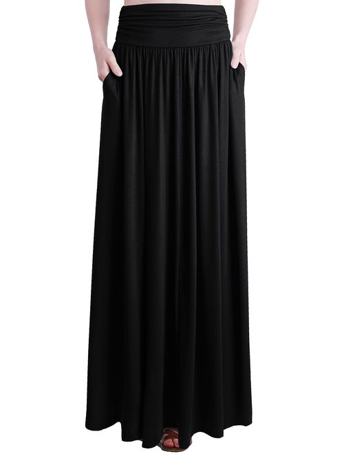 TRENDY UNITED Women's Rayon Spandex High Waist Shirring Maxi Skirt with Pockets