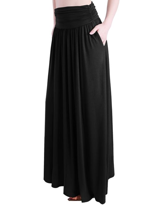 TRENDY UNITED Women's Rayon Spandex High Waist Shirring Maxi Skirt with Pockets