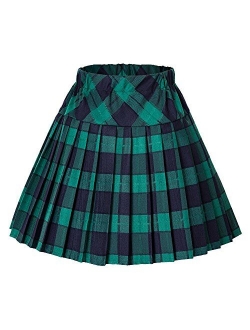 Women's Elastic Waist Tartan Knife Pleated School Skirt