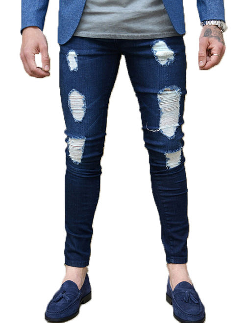 Men's Boho Stretch Ripped Skinny Jeans Distressed Slim Denim Jeggings