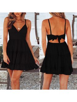 Women Sleeveless Lace Beachwear Summer Swing Sundress Black Size L