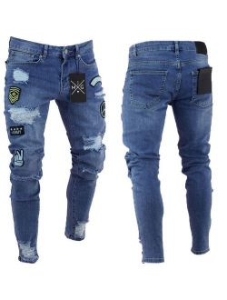 Fashion Mens Ripped Skinny Biker Jeans Destroyed Frayed Slim Fit Denim Pants