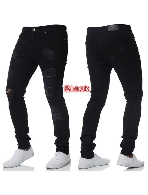 Men's Skinny Fit Ripped Destroyed Distressed Jeans Frayed Stretch Long Pants