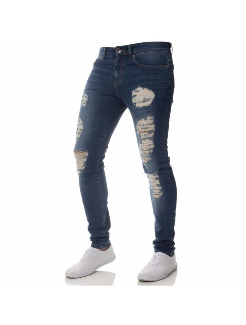 Men's Skinny Fit Ripped Destroyed Distressed Jeans Frayed Stretch Long Pants
