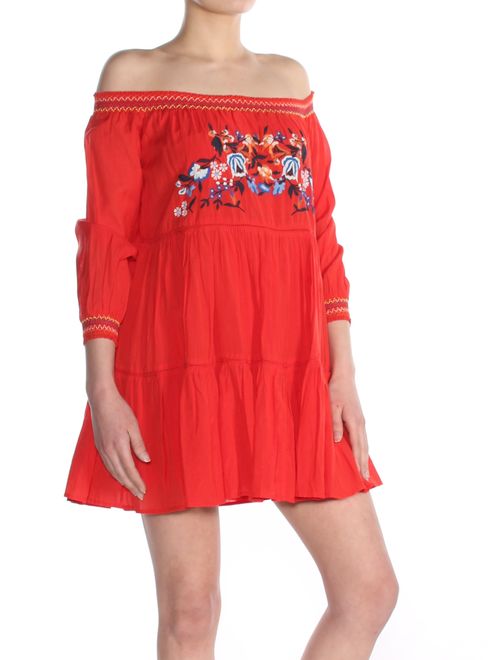 FREE PEOPLE Womens Red Embroidered 3/4 Sleeve Off Shoulder Mini Dress Size: XS